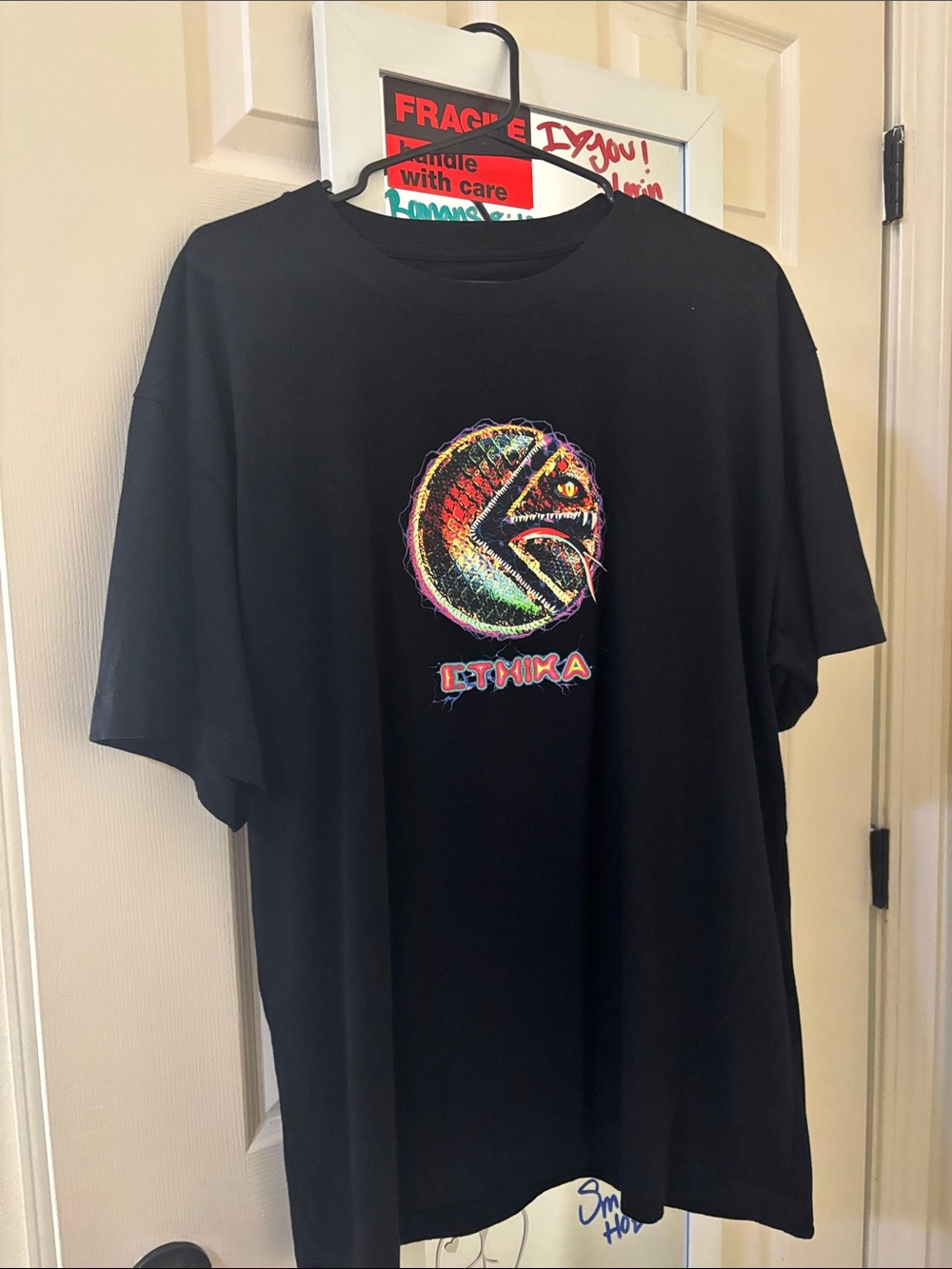 ethika Black Tee with Neon Multicolor Fish Emblem